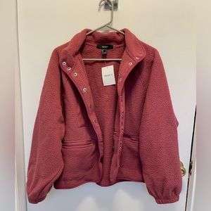 Faux Shearling Funnel Neck Jacket in color Berry